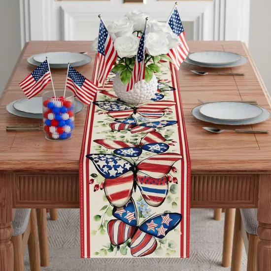 Watercolor America Stars Butterflies Eucalyptus Leaves Patriotic 4th of July Memorial Day Independence Day Table Runner Decoration for Home Kitchen Holiday Party {2}