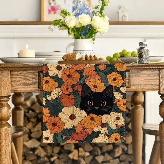 Black Cat Sunflower Daisy Spring Table Runner, Seasonal Summer Kitchen Dining Table Decoration for Home Party Decor 13x48 Inch {3}