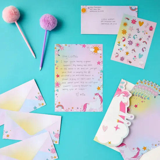 92 Piece Unicorn Stationery Set for Kids, Girls, with 60 Stationery Sheets, 30 Envelopes, Pocket Folder, Sticker Sheet (7.25 x 10.2 In), Ages 3-14 Pink {3}