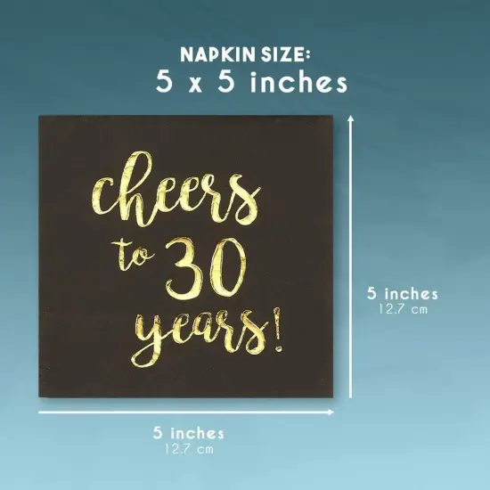 50 Pack Cheers to 30 Years Cocktail Napkins for 30th Birthday, Anniversary Party Supplies, 3-Ply, Black and Gold Foil (5 x 5 In) {6}