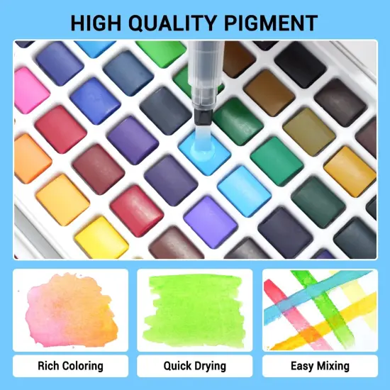 Watercolor Paint Set, 168 Vivid Colors with Regular, Macaron, Metallic & Fluorescent Colors, Travel Watercolor set including Palette, Water Brush Pens, Art Supplies Kit Great for Artists, Beginners {4}