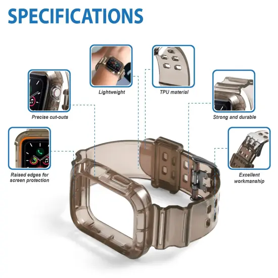 Insten Crystal Clear Watch Band with Rugged Bumper Case For Apple Watch 44mm 42mm Series SE 6 5 4 3 2 1, Replacement Soft TPU Transparent Strap, Clear Black {3}