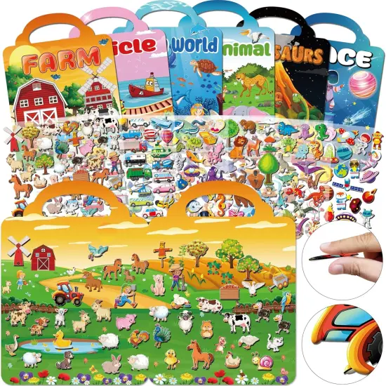 6Set Puffy Sticker Books for Kids 2-4, 3D Reusable Stickers Books for Toddlers 1-3,2-4,Farm+Animal+Dinosaurs+Ocean World+Space+Vehicle {2}