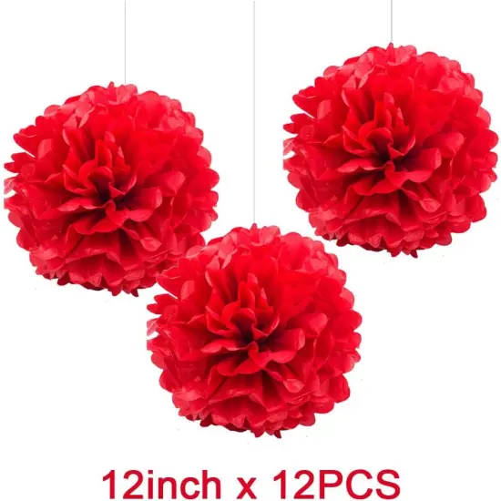 Red Tissue Paper Pom Poms, 12in Paper Flower Balls Hanging Party Decorations, Pack of 12 {3}