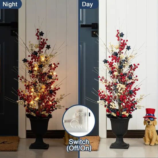 Set of 2 36"H Patriotic / Americana Lighted Berry and Stars Urn Porch Trees, 20 Warm White Lights with timer {2}