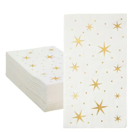 50 Pack Gold and White Dinner Napkins with Stars, Decorative Disposable Gold Foil for Baby Shower, Birthday, Holidays (3-Ply, 4 x 8 In) {1}