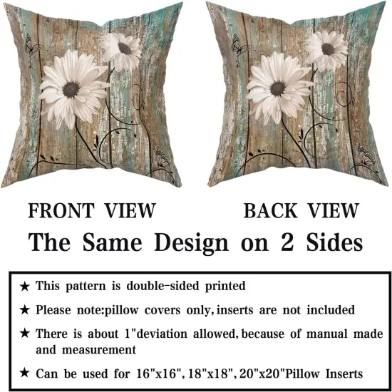 Rustic Daisy Board Pillow Covers 18x18 Inch White Sunflowers on Vintage Style Wood Plank Throw Pillowcases Set of 2 with Hidden Zipper for Couch Cushion Sofa Bedroom Home Decoration {3}