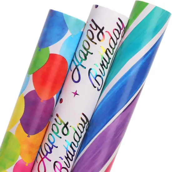 Birthday Wrapping Paper 3 Rolls Colorful Balloon Stripe and Iridescent Happy Birthday Wrapping Paper {1}