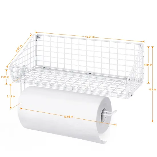 Multi-Functional Wall-Mounted Metal Basket Organizer with Foldable Paper Towel Holder &ndash; Space-Saving Storage Shelf for Kitchen, Bathroom, Bedroom & Hallway White {2}