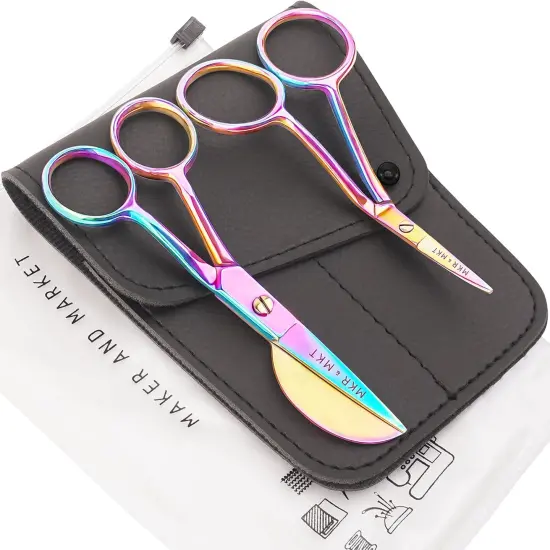 Small Embroidery 4.5 Inch Scissors Set of 2 Kit - Mini Double Bend Offset Duckbill and Double Bend Long Applique Needlepoint Blade with Pouch Sleeve (Rainbow) {2}
