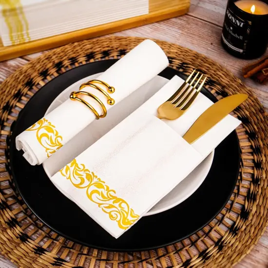 White Dinner Paper Napkins with Pocket Disposable 100 Pack Yellow Trim Linen Feel Wedding Reception Napkins Hand Paper Towels Folded Lunch Napkins for Party, Bathroom (16 x 16 inch) {5}