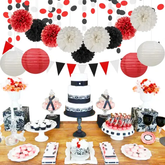 White Red Black Party Decorations - 15Pcs Tissue Paper Flower Pom Poms Lanterns Birthday Wedding Graduation Bachelorette Hanging Decor {2}