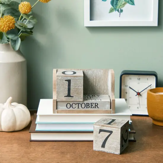 Wooden Perpetual Block Calendar for Desk, Wood Month Date Display Blocks for Teachers, Students, Classroom, Rustic Farmhouse Office Decor, Desk Accessories (5 x 4 In) Brown {2}