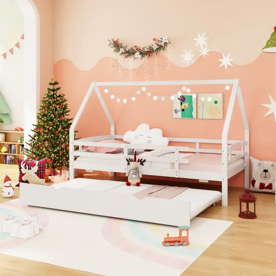 Twin House Bed with Trundle and Fence Rail for Kids Room White {8}