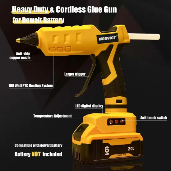 Cordless Glue Gun 20V Battery, Upgraded 100W Digital Temperature Adjustable Handheld Electric Power Full Size Heavy Duty Hot Glue Gun with 10 Glue Sticks (Battery Not Included) {3}