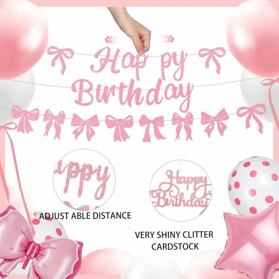 Pink Bow Party Decorations, 47 Pcs Coquette Birthday Party Decorations, Pre-Strung Happy Birthday Banner Bow Garland for Girls Birthday Baby Shower Bridal Shower Bachelorette Party Decor {2}
