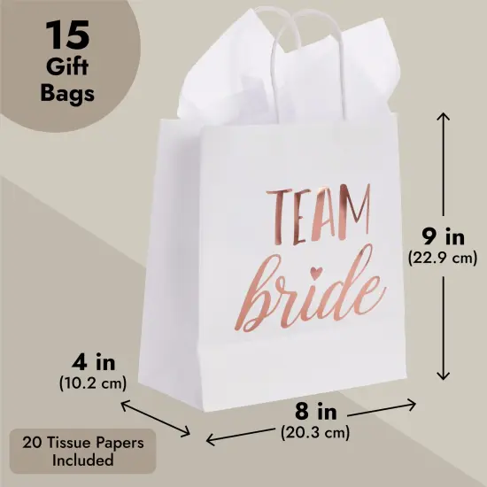 15-Pack Team Bride Gift Bags with White Tissue Paper for Bridesmaid Proposal, Bridal Shower, Wedding Party Favor Bags with Handles, (Rose Gold Foil, White, 8x4x9 in) Pink {3}