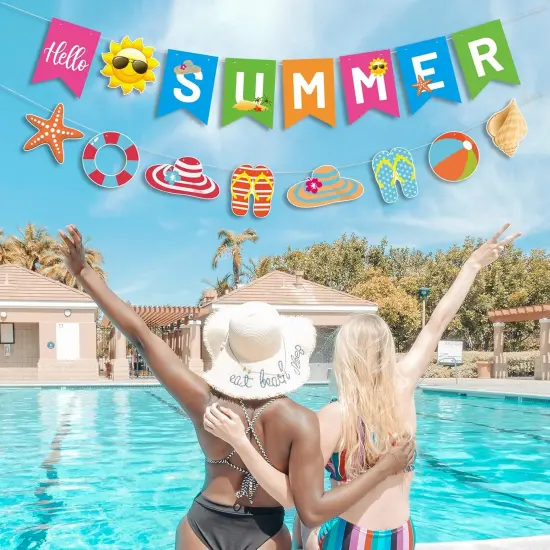 Hello Summer Banner and Beach Patterns Banner Colorful Summer Bunting Banner with Sun Signs Summer Beach Pool Party Banner for Wall Mantle Fireplace Party Hanging Decorations {5}