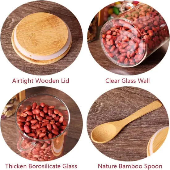 Glass Jars with Bamboo Lids and Wooden Spoons Set of 4, Coffee Tea Sugar Container Set for Loose Tea Canister Storage, Overnight Oats Containers with Scoop for Seasoning, Coffee, Yogurt {2}