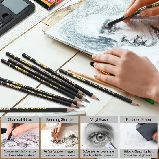 Drawing Sketching Pencil Set, 26 Piece Pro Art Pencil Sketch Kit - Graphite Pencils (14B-4H), Black and White Charcoal Pencils, Charcoal Sticks, Blending Stump, Eraser, Sharpeners {4}