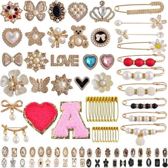 Charms for Socks Safety Pin Brooch,100pcs Junk Sock Charms Pins Gold Bling Sock Jewelry Charms,Brooch Pins for Socks,Pearl Rhinestone Brooch Pins Costom Shoe Sock Charms Kit Bulk for Hat Clothes {1}