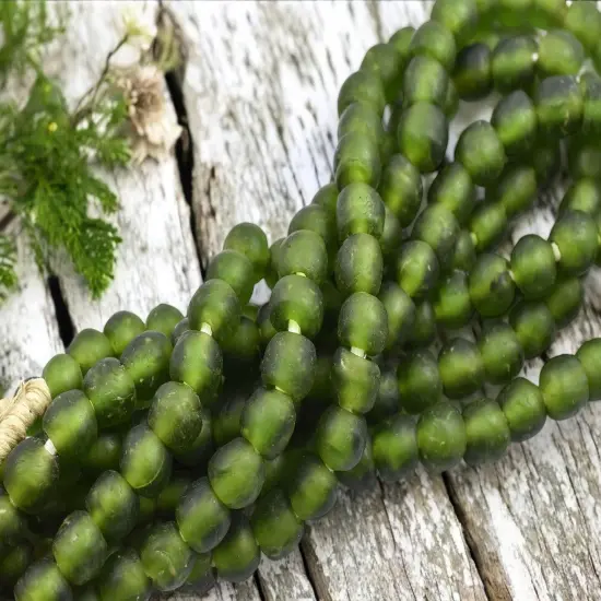 9-10mm Matte Olivine African Recycled Glass Beads (19" Strand) {4}