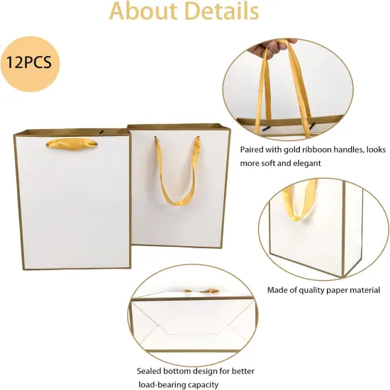 Gift Bags with Handles, 12 Pack 11.3 x 8.6 x 3.9 Gift Bags Medium size, White Gold Thank You Bags {2}