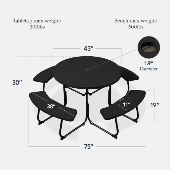 Best Choice Products 8-Person Circular Outdoor Picnic Table w/ 4 Benches, Umbrella Hole, 2000lb Capacity Black {2}