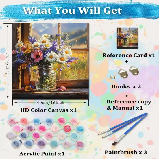 Flowers Paint by Numbers Kit for Adults,Flower Bouquet on a Sunlit Windowsill Paint by Number Canvas Kit,Adults' Paint-by-Number Kits Floral 16x20inch (Without Framed) {3}