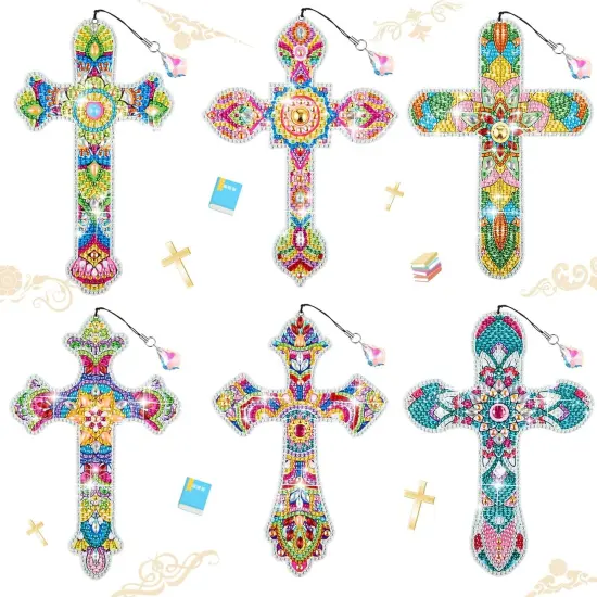 6 Pcs Cross 5D Diamond Art Kit for Adult DIY Painting Kit Religious Crystal Cross Diamond Bookmarks for Reading Lover Home Office School Project Read DIY Crafts Gifts, 6 Styles {1}