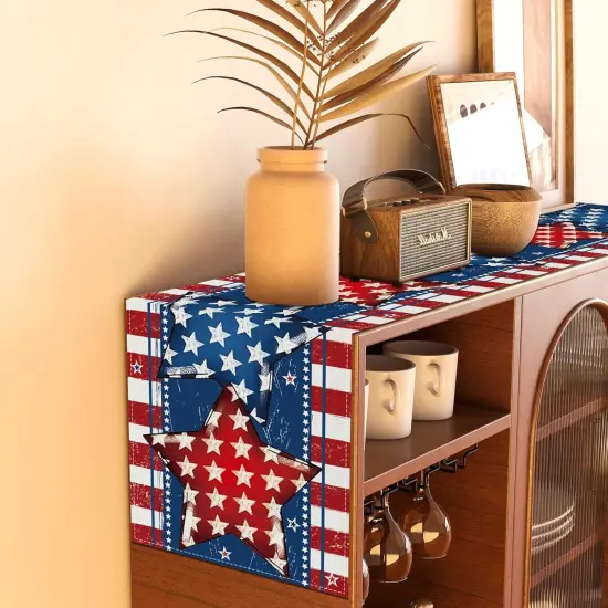 Linen Red White and Blue Stripe Stars Table Runner 4th of July Memorial Day Veterans Day Independence Day Tablecloth Patriotic Decorations and Supplies for Home Kitchen Table {5}