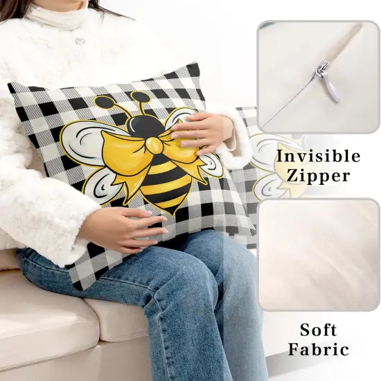 Yellow Bumble Bee Pillow Covers 18x18 Set of 2 Black White Buffalo Plaid Pillow Covers Summer Spring Themed Decorative Cushion Cases Home Decor for Couch Bed Holiday {4}