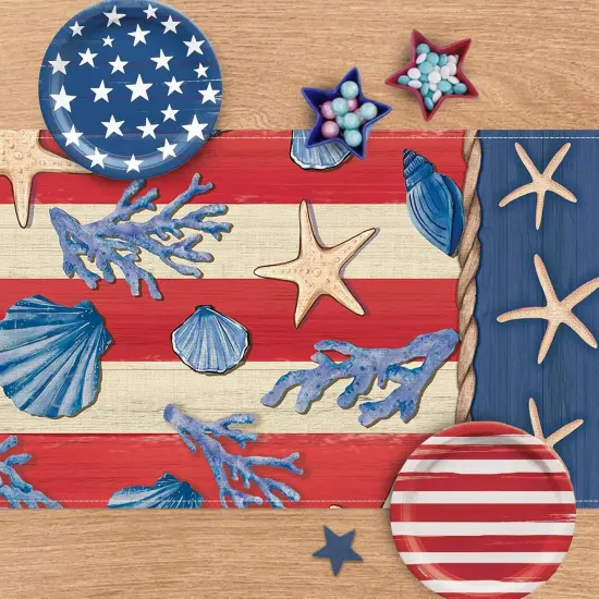 4th of July Beach Dining Table Runner, Patriotic America Coastal Starfish Conch Coral Stripes Burlap Kitchen Decoration, American USA Indoor Outdoor Home Decor {3}