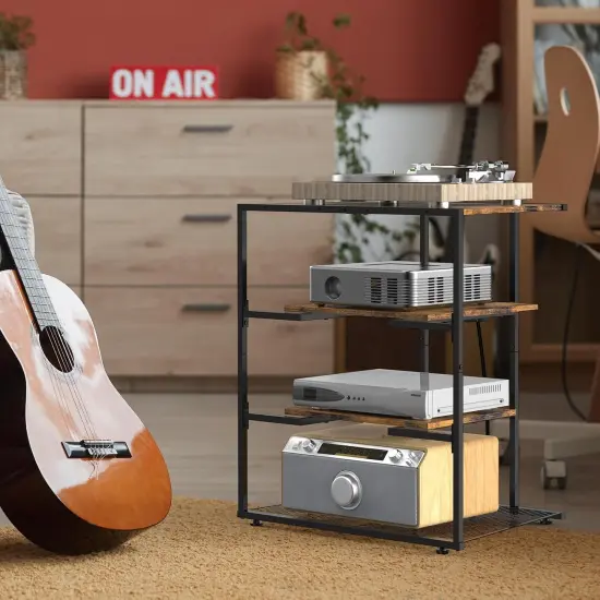 4-Tier Brown AV Media Stand with Charging Station - Corner Stereo Cabinet for Record Players, Game Consoles, TVs (24.4"W/62cm x 27.6"H/70cm) {1}