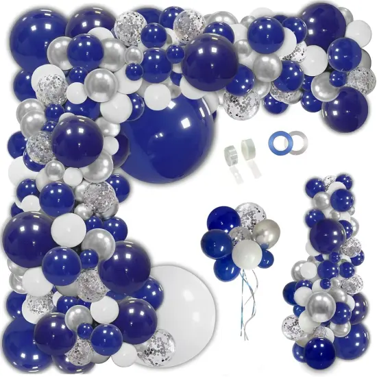 148pcs Navy Blue Silver Balloons Garland Kit, Royal Blue Silver White Confetti Balloon {1}