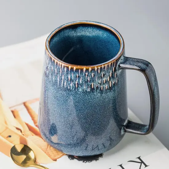 Large Ceramic Coffee Mug, 24 oz Big Tea Cup with Large Handle, Vintage Coffee Cup for Office and Home, Dishwasher and Microwave Safe, Blue {2}