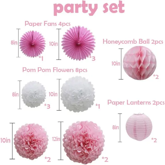 16pcs Pink Party Decorations Paper Pom Poms Honeycomb Balls Lanterns Tissue Fans for Birthday Wedding Baby Shower Graduation Valentine Party Supplies {2}