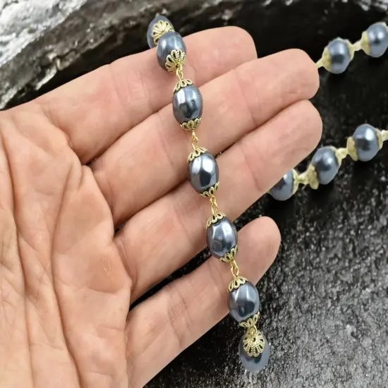 10mm Czech Glass Blue Pearl Chain w/Gold Caps {4}