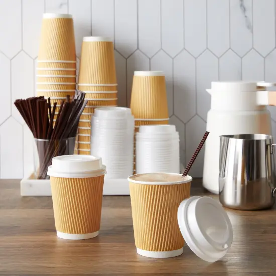 50 Pack Disposable Small Coffee Cups 8 oz, Insulated, Ripple, To Go Kraft Paper Coffee Cups with Lids and Stirring Straws Included for Hot Drinks (150 Total Pcs) Brown {2}