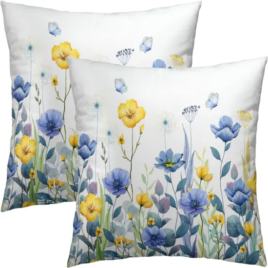 Blue Yellow Flowers Pillow Covers 18x18 Inch Set of 2, Poppy Floral Square Cushion Covers Spring Summer Seasonal Decor Pillowcase for Living Room Sofa Bedroom {1}