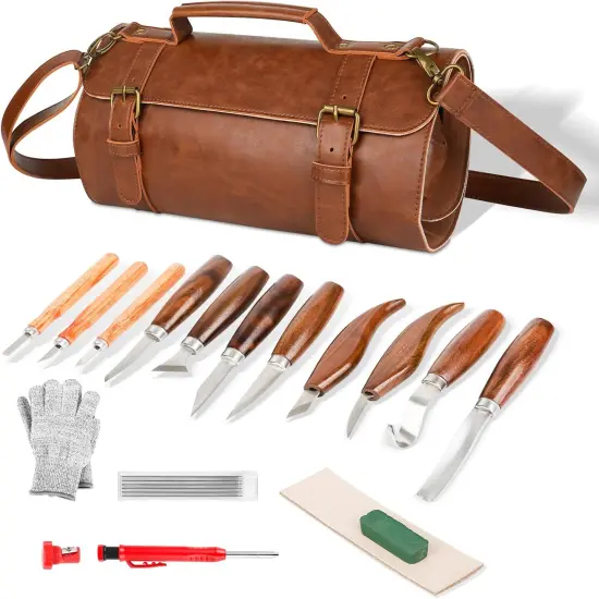 Wood Carving Tools Sets Deluxe Wood Carving Kit Wooden Carving Knife Wood working Carving Knife Tools Set with Large Leather Case For Beginner and Carpenter Experts {1}