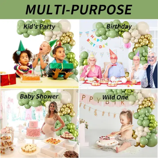 Sage Green Gold White Balloon Arch Garland Kit Metallic Lime Green Balloons Garland Olive Green Cream Ivory White Chrome Gold Latex Balloon Jungle Animal Birthday Tropical Dinosaur Party Decorations {3}