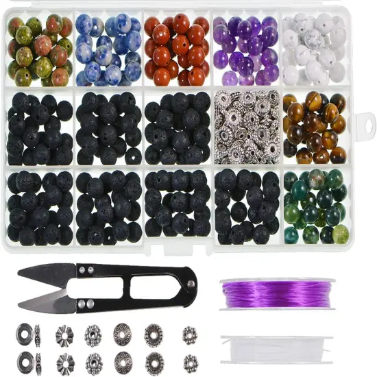 Natural Stone Beads Box Set Kits 8mm Round Loose Gemstone Natural Amethyst Lave Stone Assorted Color with Accessories Tools for Bracelet Jewelry Making (100% Natural Stone Beads Kit 1) {1}