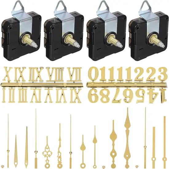 4Pcs Quartz Clock Mechanism Kit, Clock Numerals Kit, Quartz Clock Movement Mechanism Non Ticking DIY Clock Mechanism with 6 Clock Hands Sets, DIY Clock Motor Kit (Gold) {1}
