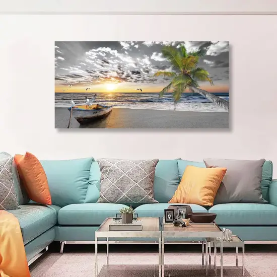 Canvas Wall Art Black and White Beach Palms Prints Paintings for Home Wall Decor Boat and Sunset Seascape Pictures Canvas Art for Living Room Bedroom Office Wall Decor Natural Scenery Artwork {4}
