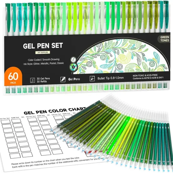 60 Pack Green Tone Gel Pens, 30 Green Tone Gel Pens with 30 Refills for Adults Coloring Books Journaling Drawing Nature, Landscapes, Animals Scenes {1}