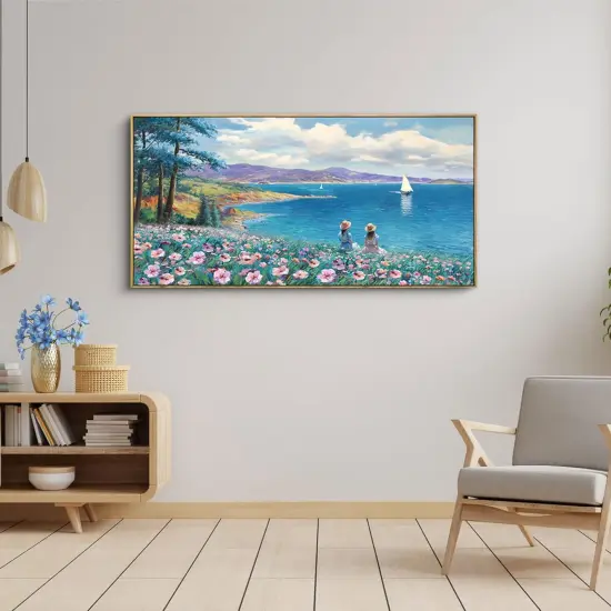 Landscape Wall Art - Blue Ocean Pink Flower Sailboat Mountain Tree Wall Decor Orange Frame Artwork for Wall Large Picture for Living Room Bedroom Home Office Wall Decoration Size 20x40 {4}