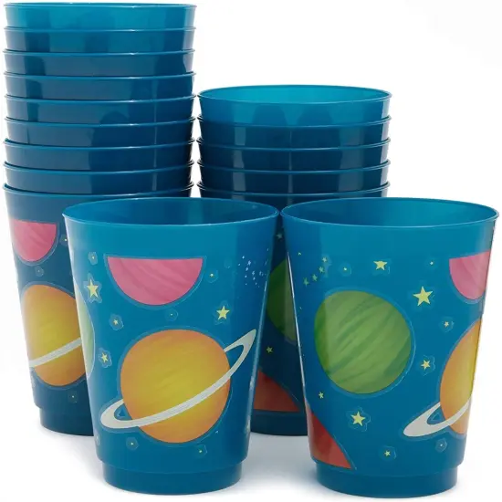 16 Pack Plastic Outer Space Cups for Kids, Galaxy Party Favors for Birthday Party Supplies (16 oz) Blue {1}