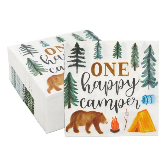 Camping Napkins for 1st Birthday Party Supplies, One Happy Camper (6.5 In, 100 Pack) Blue {1}