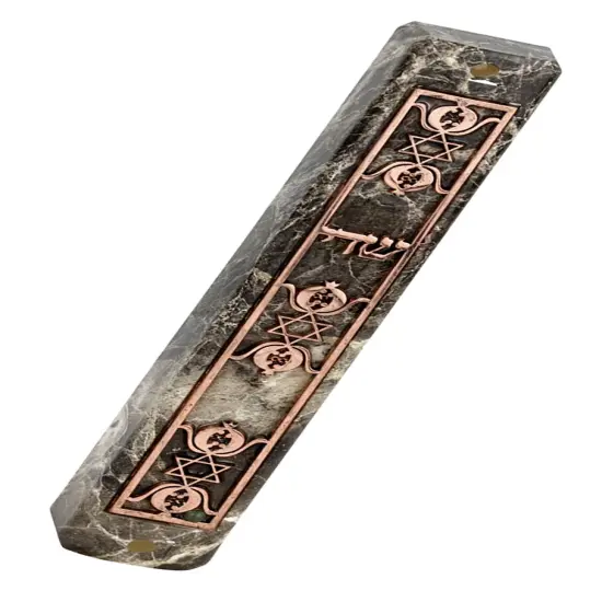 Marble Mezuzah Case with Metal Three Stars Decoration on Plate Gold {3}